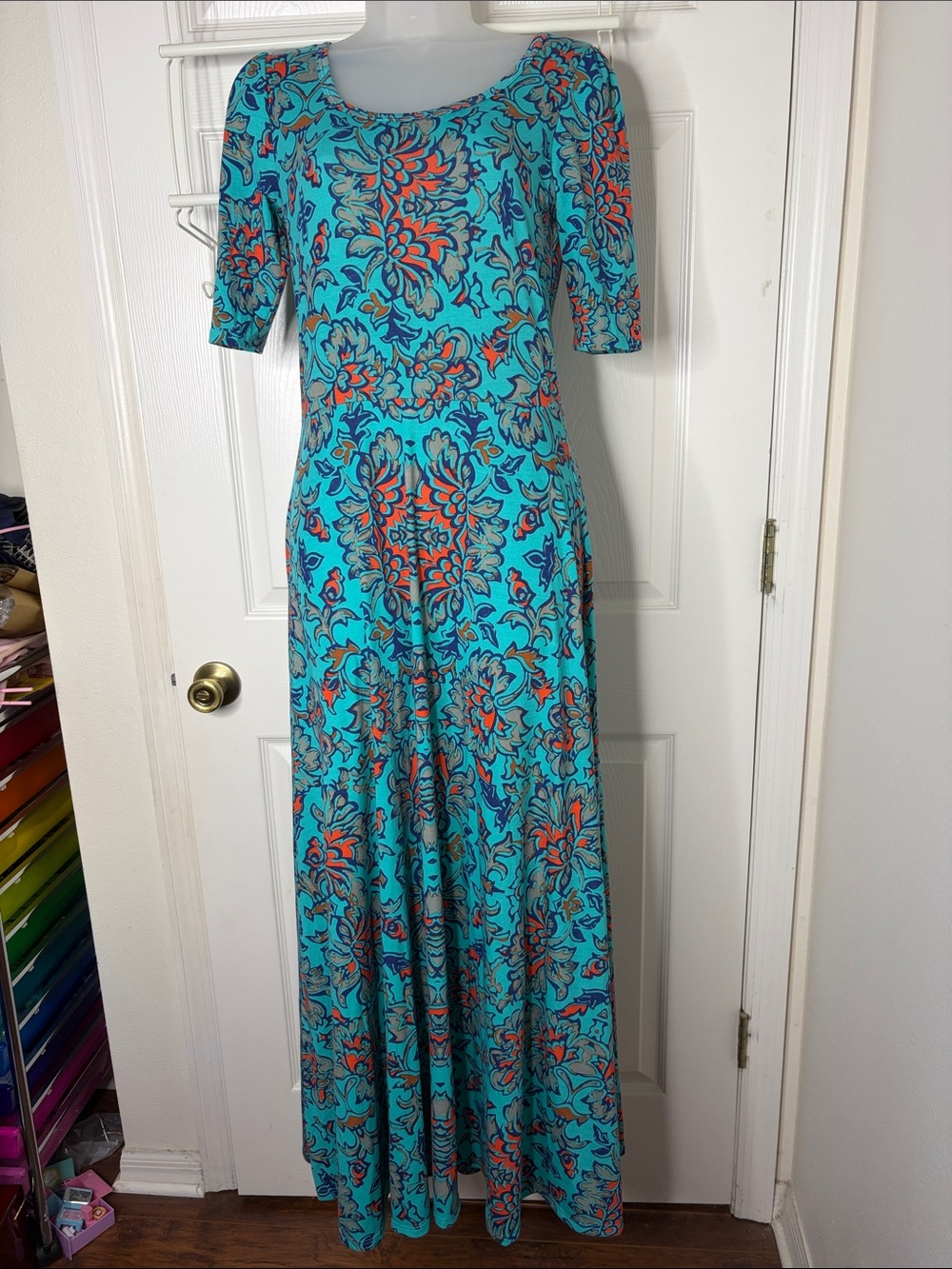 LuLaRoe Ana Turquoise Floral Maxi Dress with Short Sleeves